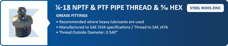 1/4-18X.828 GREASE FIT PTF PIPE THREA ZINC