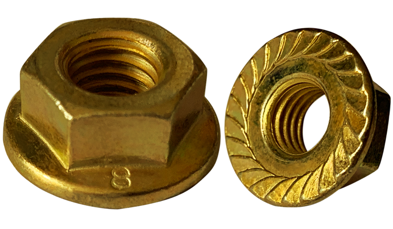 M8-1.25 Hex Flange Locknuts / Serrated / Class 8 / Zinc Yellow / DIN6923
