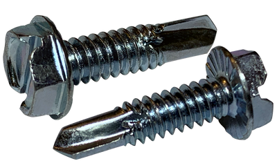 1/4"-20 x 3/4" Self-Drilling Screws / Slotted / Hex Washer Head (7/16" AF) / Low Carbon Steel / Zinc / Serrated