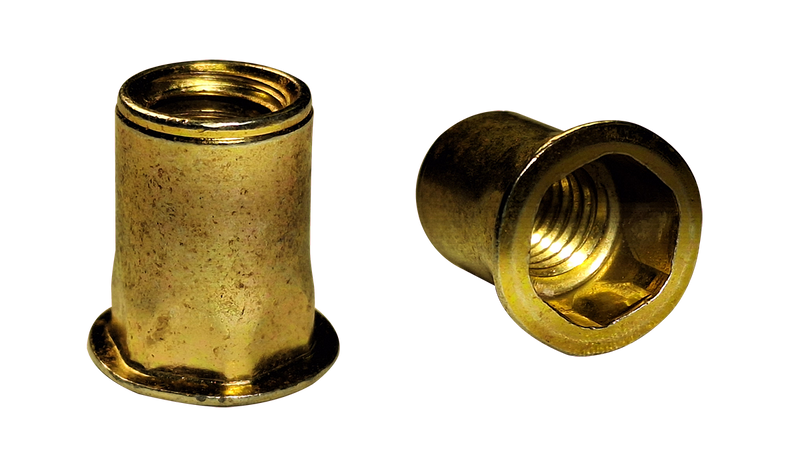 1/4-20 (Max Grip .165) Large Flange Blind Threaded Inserts / Low Profile / Semi-Hex Body / Steel / Zinc Yellow